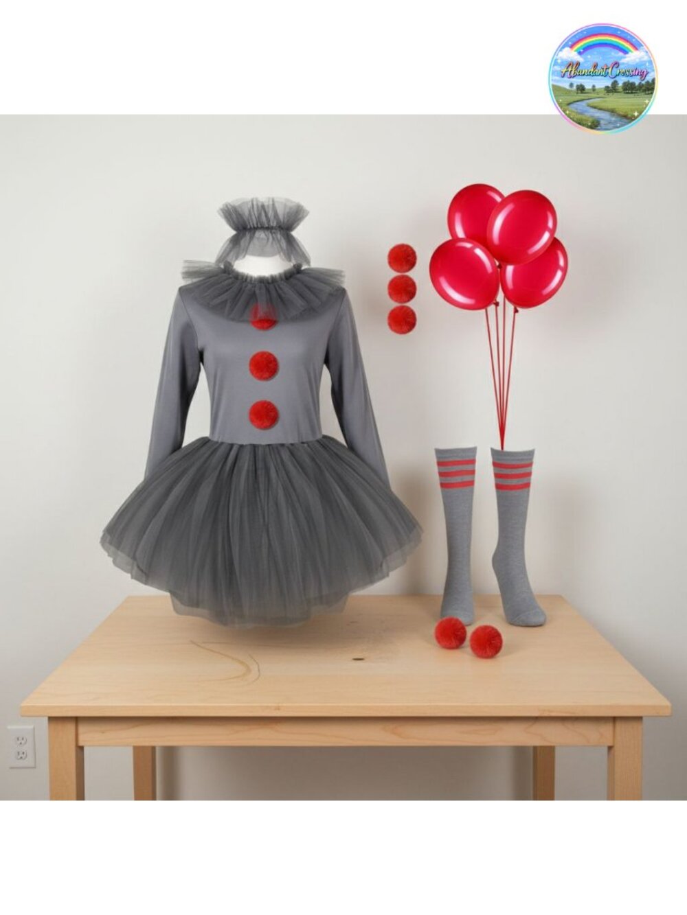Clown Costume Set Tutu Ruffle Collar Faux Fur Balls Striped Socks Halloween